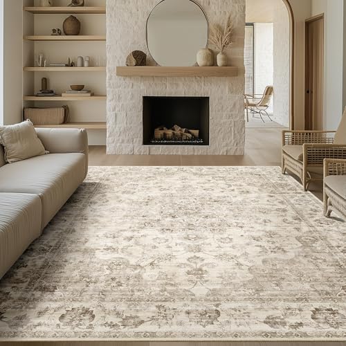 8x10 Beige Neutral Area Rug, Washable Non-Slip Vintage Farmhouse Rug