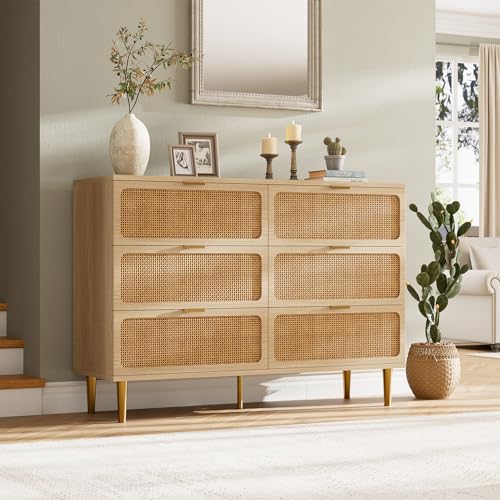 6-Drawer Wood Dresser with Natural Rattan Doors, Large Bedroom Chest