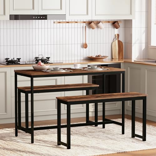 Industrial Dining Benches, Set of 2 Rustic Brown Metal Frame Indoor Benches