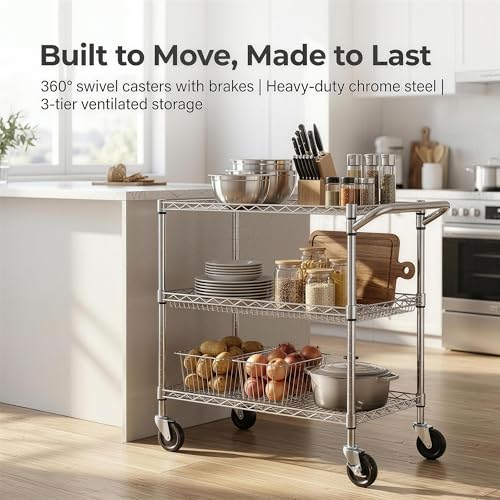 3-Tier Heavy Duty Steel Wire Rolling Utility Cart with Wheels & Handle