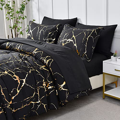 Gold Metallic Marble Comforter Set Queen Size - 7 Piece Bedding Set