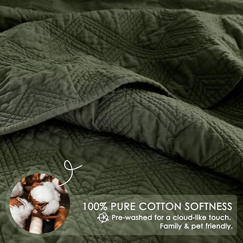WDCOZY 100% Cotton King Size Quilt Set - Olive Green Lightweight Bedspread