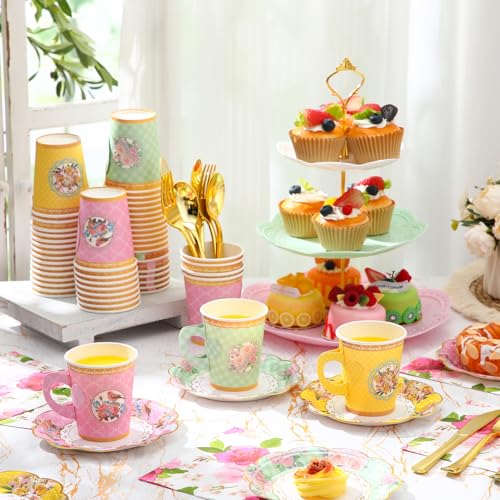 Layhit Vivid 83-Piece Disposable Tea Party Set with 3-Tier Cake Stand for Women Girls Birthday Baby Shower Bridal Shower Pink Floral