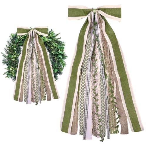 Large Farmhouse Burlap Wreath Bow with Clip - Green Leaves Ribbon