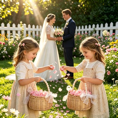 2PCS Wicker Flower Girl Basket and Wrist Corsage Set with Pearl Handle