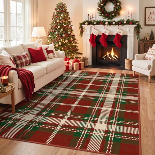 Christmas Red Plaid Washable Area Rug - 5' x 7' Ivy Design for Living Room
