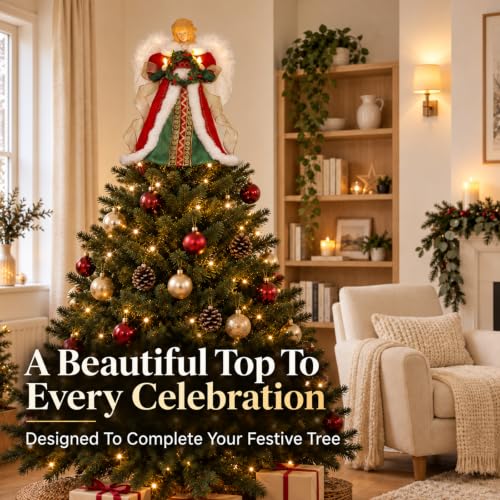 HMASYO Red & Green Angel Tree Topper with Timer Lights, 12" Christmas Decor