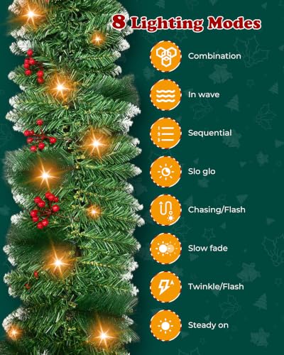 Luxvano 9ft Pre-Lit Flocked Christmas Garland with 30 LED Lights, Red Berries, Battery Operated