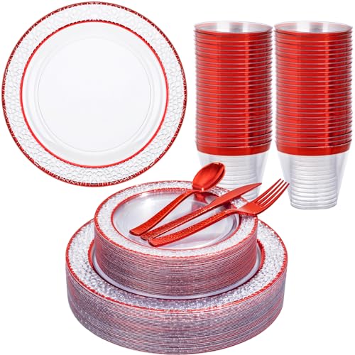 Ciaell 150-Piece Red & Clear Plastic Disposable Dinnerware Set for Weddings & Parties