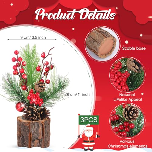 Solsew 3 Pcs 11 Inch Classic Christmas Tabletop Trees with Ornaments & Pine Cones
