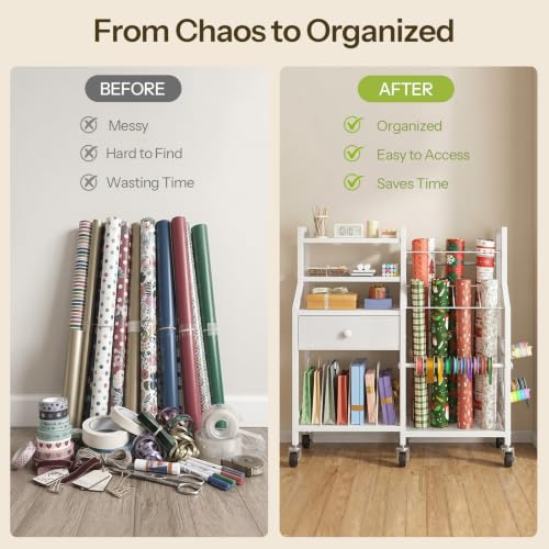Rolling Gift Wrapping Paper Storage Cart with Drawer and Shelves