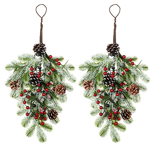 2Pcs Artificial Christmas Teardrop Swag Wreaths with Pinecones & Berries