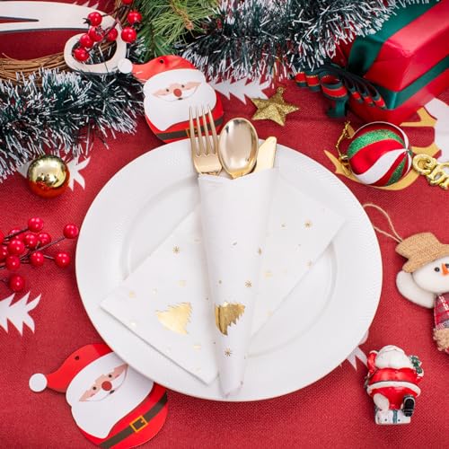 100Pack Gold Christmas Tree Napkins 3-ply Disposable 8x4.3in (Folded) - Premium Tableware