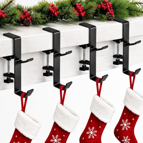 Adjustable Christmas Stocking Holders for Mantle - 4 Pack Black Metal Hooks