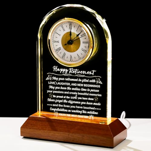 Retirement Glass Clock with Wooden Light Base - Keepsake Farewell Gift