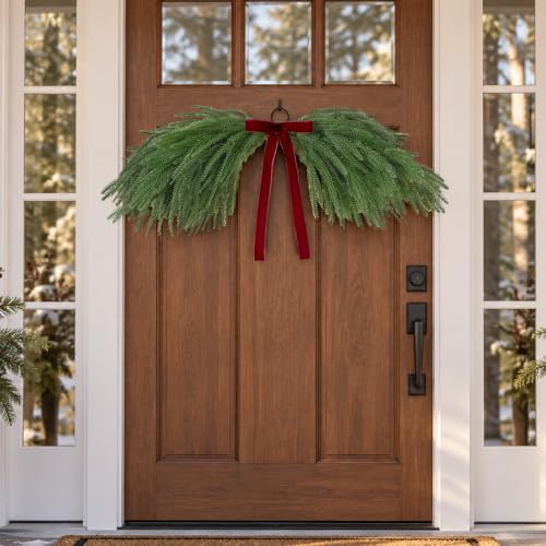 Waipfaru 26 Inch Artificial Norfolk Pine Christmas Mirror Garland with Red Bow - Reusable Holiday Decor