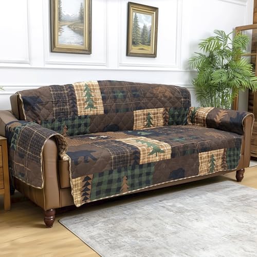 Brown Bear Cabin Loveseat Cover - Durable Polyester, 94" x 76"