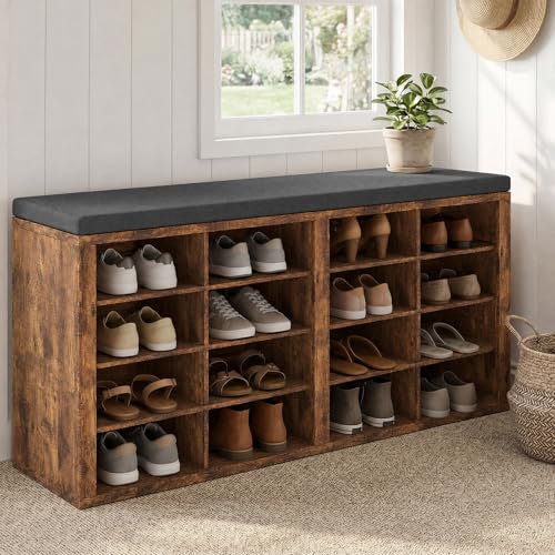 16-Cube Shoe Storage Bench with Washable Cushion, Entryway Shoe Organizer