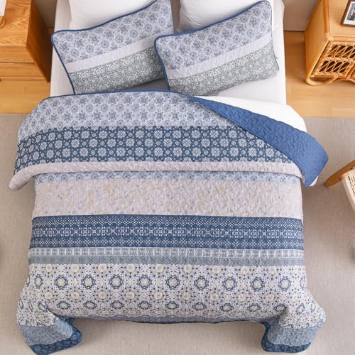 Boho King Quilt Set - 3-Piece Blue Floral Striped Bedspread Coverlet