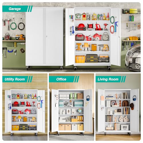 Tall Rolling Metal Storage Cabinet with Lock & Pegboard, 71" Garage Locker