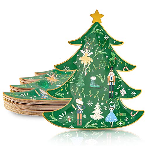 Whaline Green Xmas Tree Shape Paper Plates, 40 pcs, Gold Foil Nutcracker Holiday Party Dinnerware