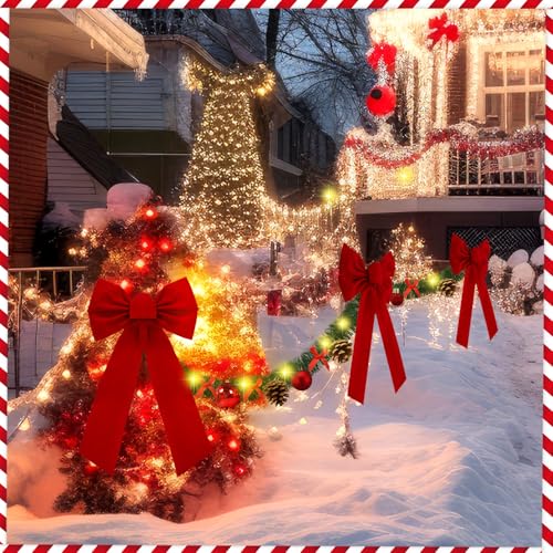 100 ft Christmas Garland with Lights and Red Bows for Fence Decor