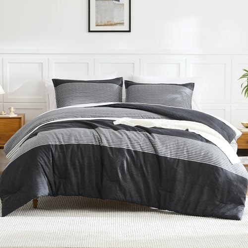 Black Striped Full Comforter Set - 3-Piece Soft Down Alternative Bedding