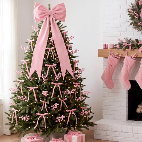 Pink Christmas Tree Decorations Set with Velvet Bows & Berry Picks - 49 pcs
