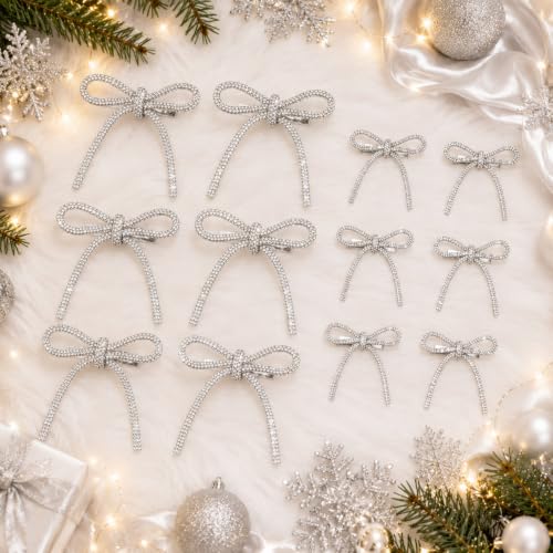 SEWACC Silver Christmas Bows with Clips 12 Pack, Rhinestone Tree Decorations