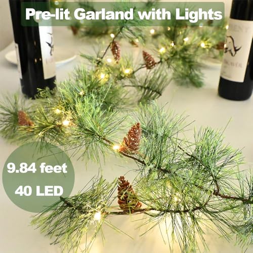 Palonym Pre-lit Christmas Garland with 81 Pine Needles & 40 LED Lights, 9.84 ft with Pine Cones, Battery-Operated w/ Timer