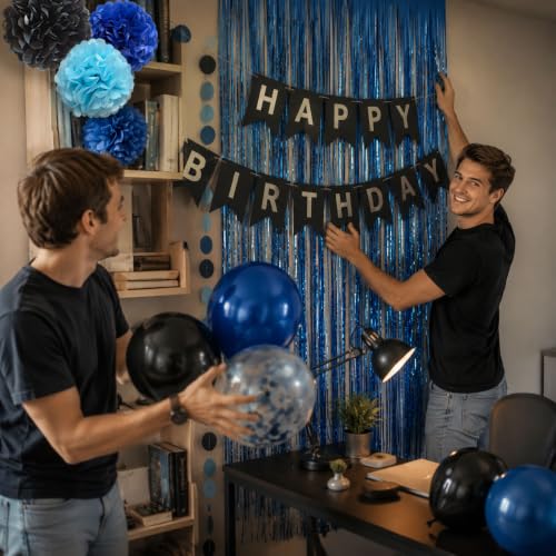 Blue and Black Birthday Party Decoration Kit with Banner, Balloons and Curtain