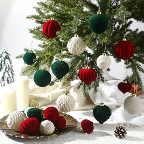 24 Pack Velvet Christmas Ornaments - Flocked Holiday Ball Decor in Cream, Green, Red