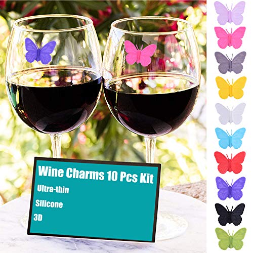 Butterfly Silicone Wine Glass Markers Set of 10 with Suction Cups – Reusable Drink Charms for Parties