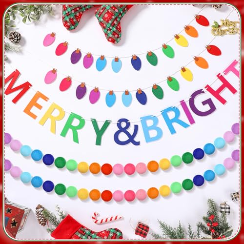 Christmas Felt Garland Set with Pom Poms, Light Bulb Banners & Merry Sign
