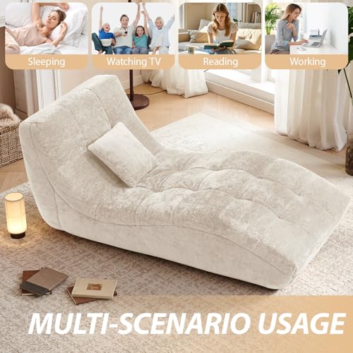 Modern Upholstered Chaise Lounge Chair with Tufted Curved Back, Beige