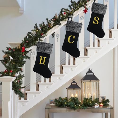 20 Inch Black Velvet Christmas Stocking with Gold Monogram Paw - Personalized with Faux Fur Trim, Deluxe
