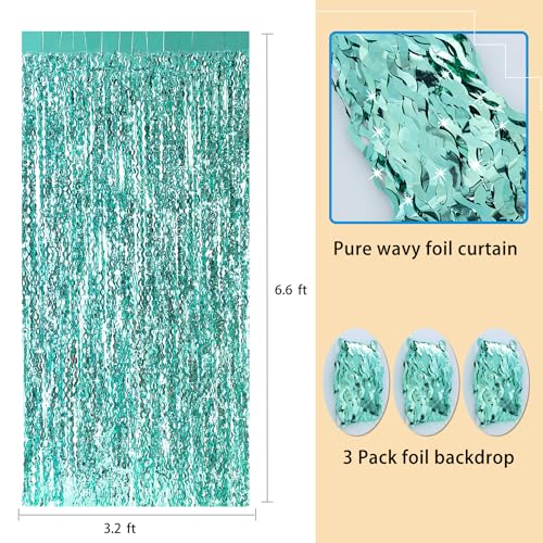 3 Pack Teal Wavy Foil Fringe Curtains 3.3ft x 6.6ft Metallic Backdrop