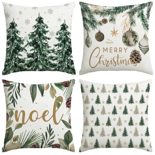 YOSICHY Christmas Pillow Covers 20x20 Set of 4 Green Linen Xmas Decor - Hidden Zipper