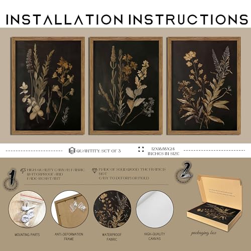 Dark Botanical Wall Art Set of 3 Framed Moody Floral Prints 12x16