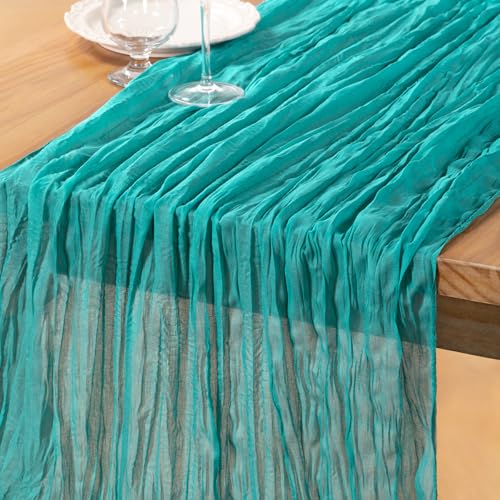 Teal Green Cheesecloth Table Runner, 35 x 120 Inch Boho Gauze Table Decor