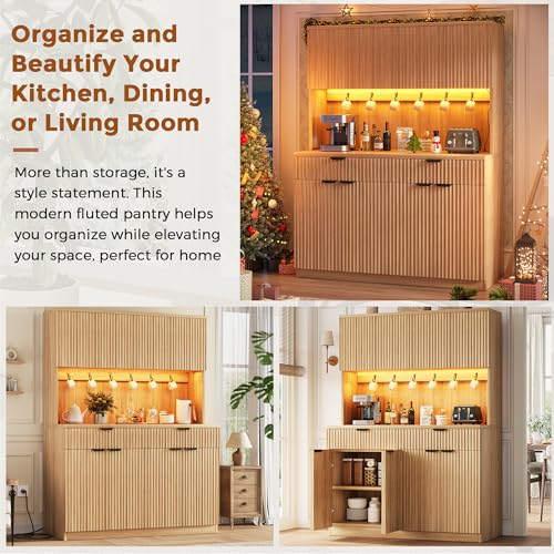 Fluted Kitchen Pantry Cabinet with Charging Station and LED Lighting