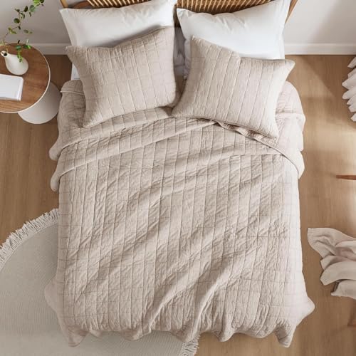 Queen Size Linen Quilt - Breathable Box-Stitch Coverlet