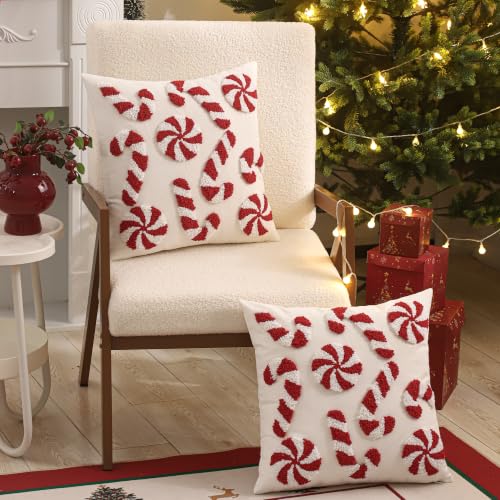 Tosleo Christmas Candy Cane Throw Pillow Covers 18x18in Set of 2, Red Xmas Embroidered Cushions