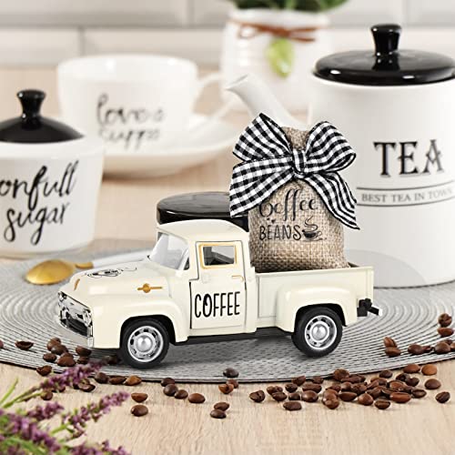 Mini Metal Pickup Truck Coffee Bar Decor with Burlap Coffee Bean Sack