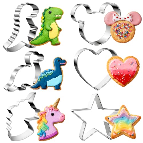 6 Pieces Stainless Steel Cookie Cutters - Mickey, Unicorn, Dinosaur, Heart, Star - Silver