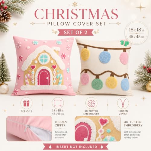 Breling 2 Pack Pastel Christmas Pillow Covers 18x18 inch with 3D Embroidered Designs - Gingerbread & Lights