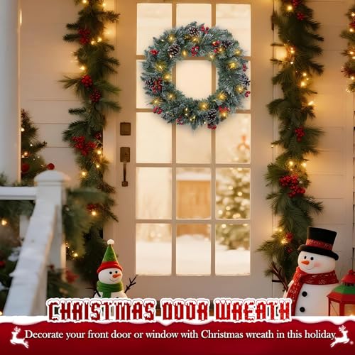 Pre-Lit Artificial Christmas Wreath with LED Lights, Red Berries & Pine Cones - 20 Inch Wreath_D