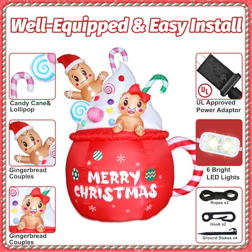 6FT Christmas Gingerbread Inflatable with LED Lights Hot Cocoa Mug & Candy Cane Yard Decor