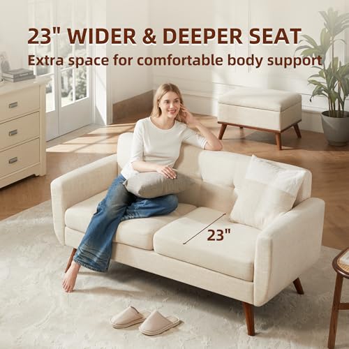 65-Inch Mid-Century Modern Loveseat Sofa, Upholstered Small Couch, Beige