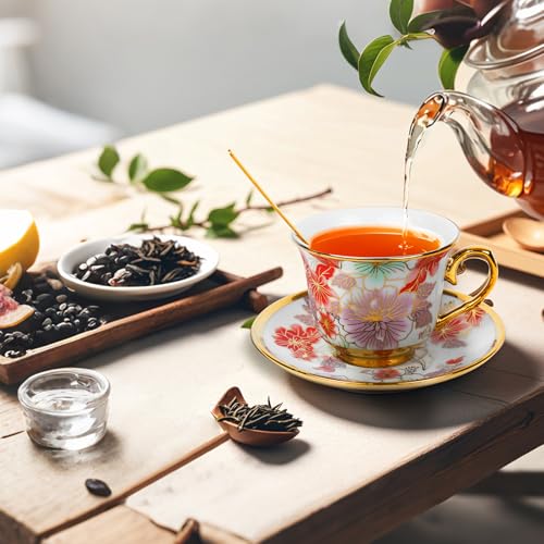 Qetoosur 6-Piece Vintage Floral Ceramic Tea Cup & Saucer Set, 8 OZ for Coffee & Tea